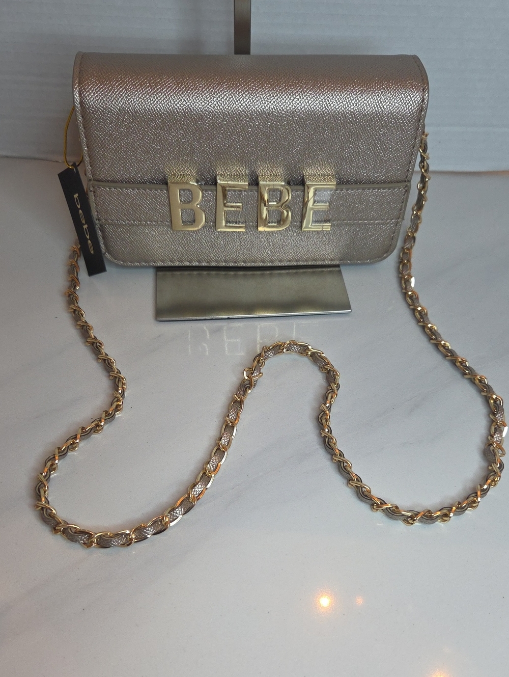 bebe Metallic Champagne Gold Crossbody Bag with Chain Strap